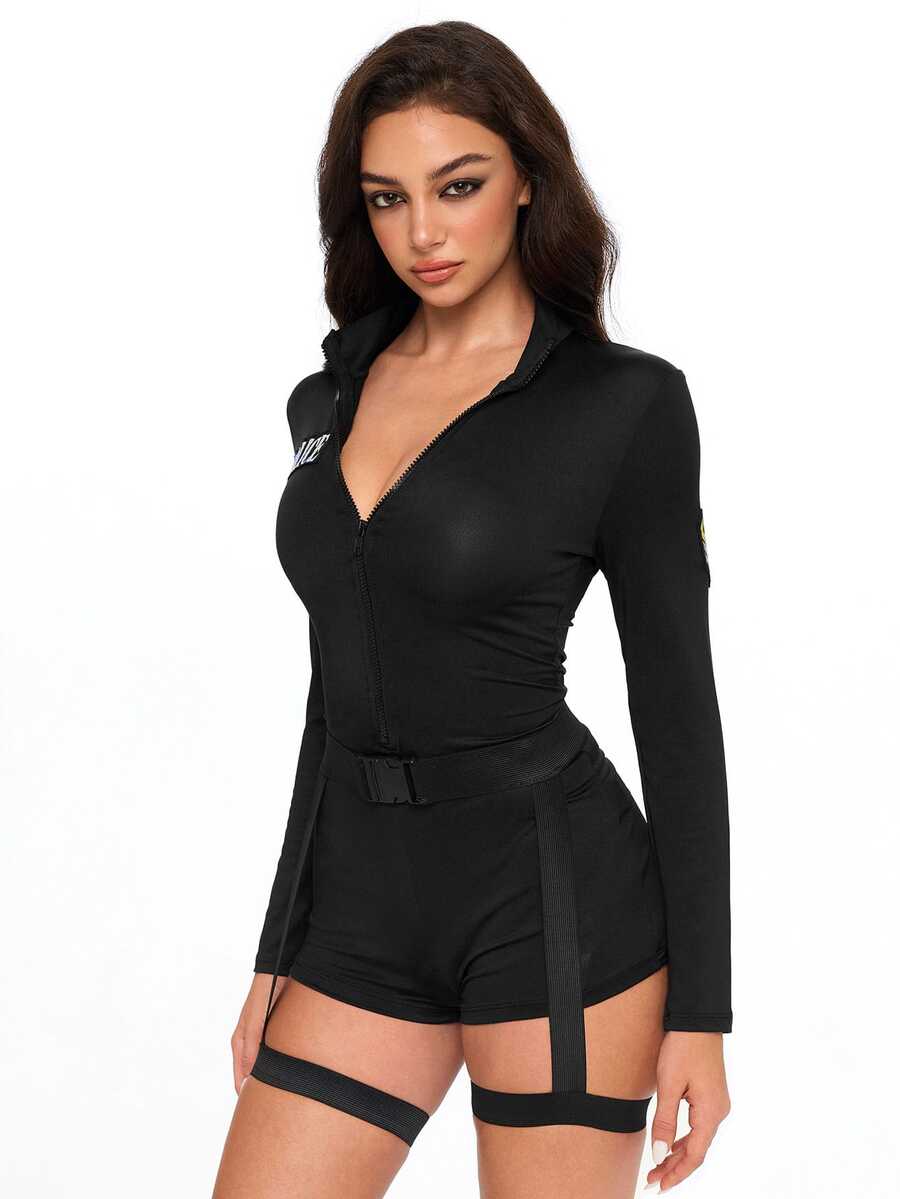 Women's blue colorblock police costume set featuring a long sleeve front zipper jumpsuit, turn-down collar, and matching waist belt with leg garter.