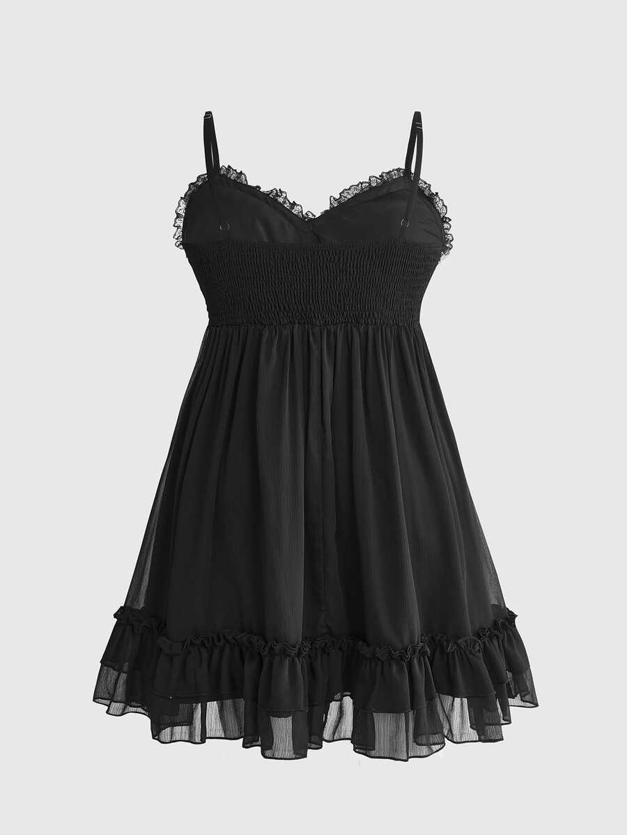 Front view of a black goth cami mini dress featuring cold shoulder spaghetti straps, chiffon fabric, and a tiered ruffle flounce hem.