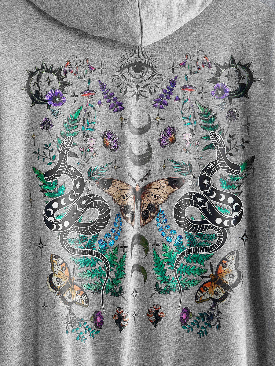 Women's plus size oversized zip-up sweatshirt jacket featuring a gothic graphic with coiled snake, butterfly, and thorn motifs, drawstring hood, and front pockets.