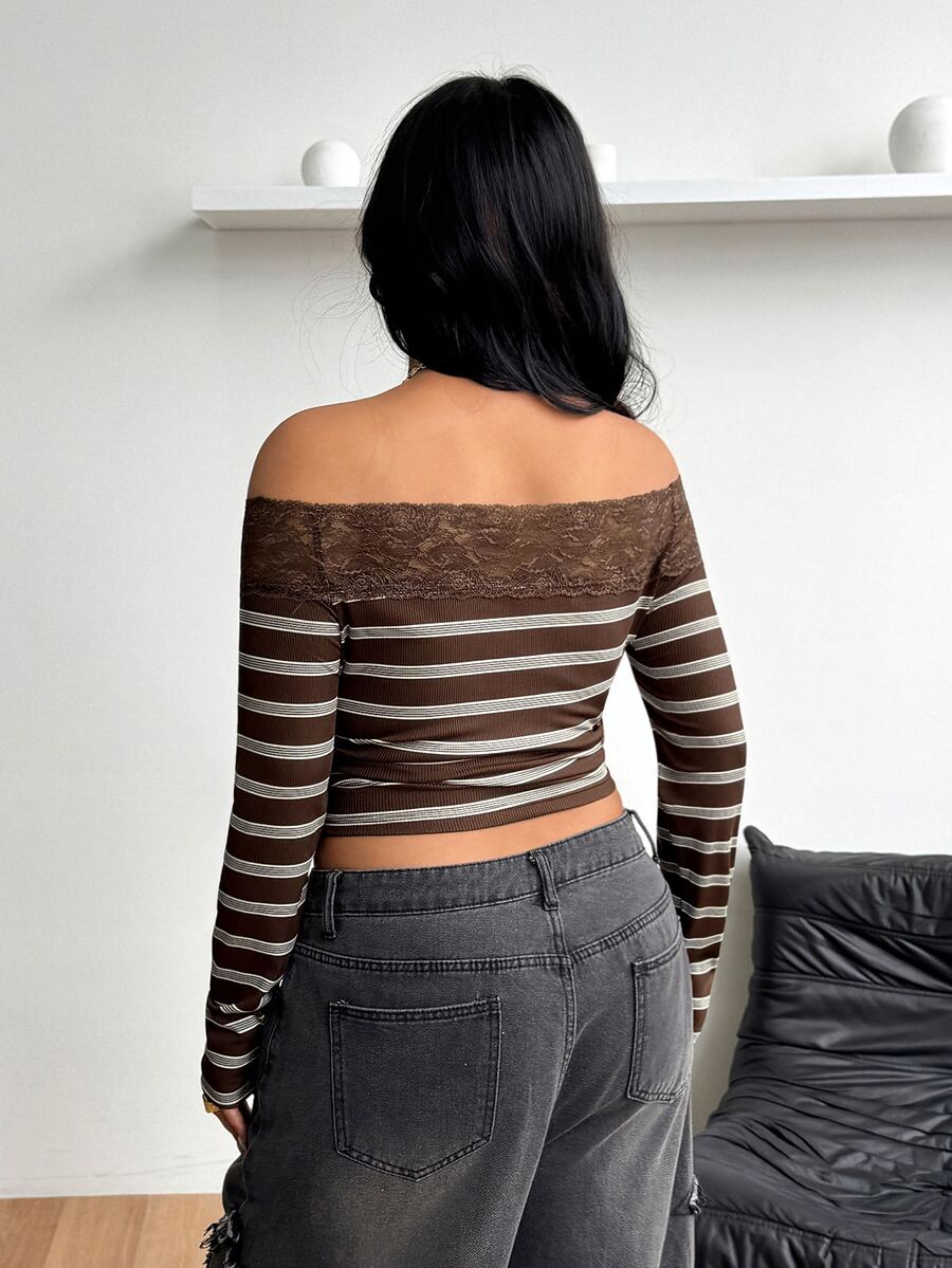 Women's striped off the shoulder long-sleeve top with contrast lace trim and ribbed knit texture.