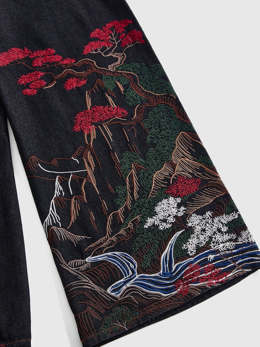 Women's black loose wide leg jeans with detailed crane and landscape embroidery, zipper fly, and ultra low waist.