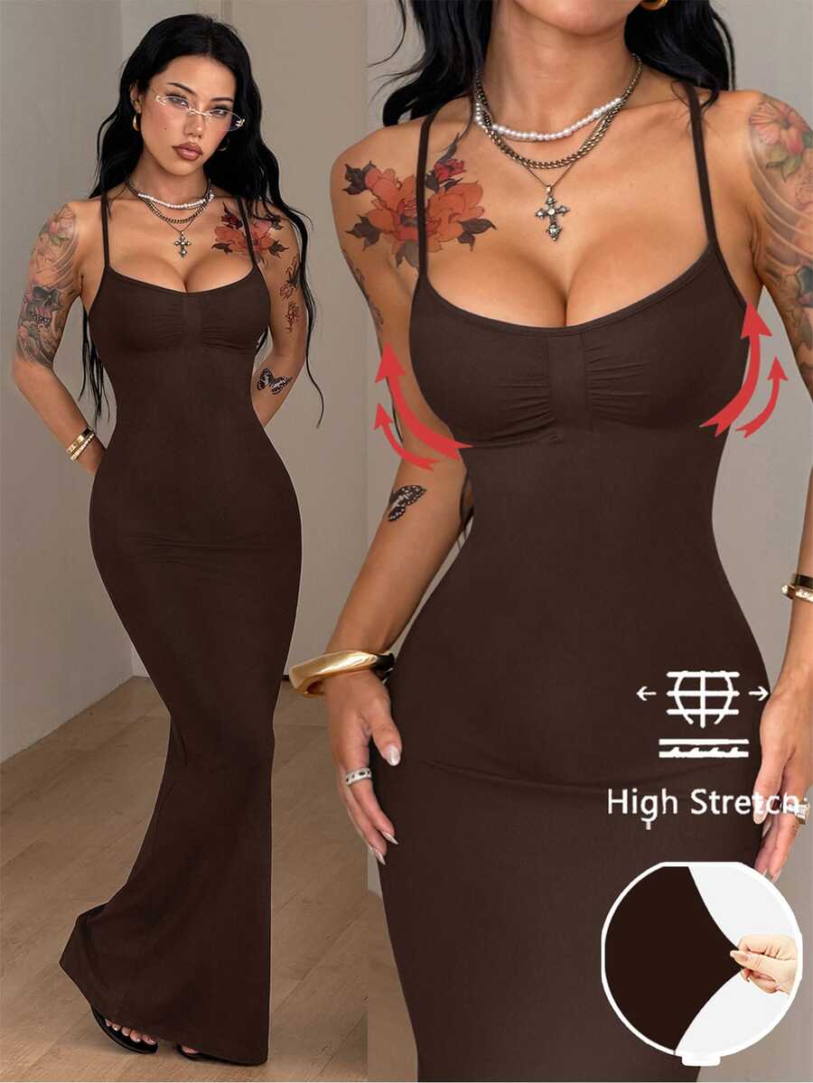 Women's slim fit sleeveless spaghetti strap maxi dress in brown ribbed stretch knit fabric.