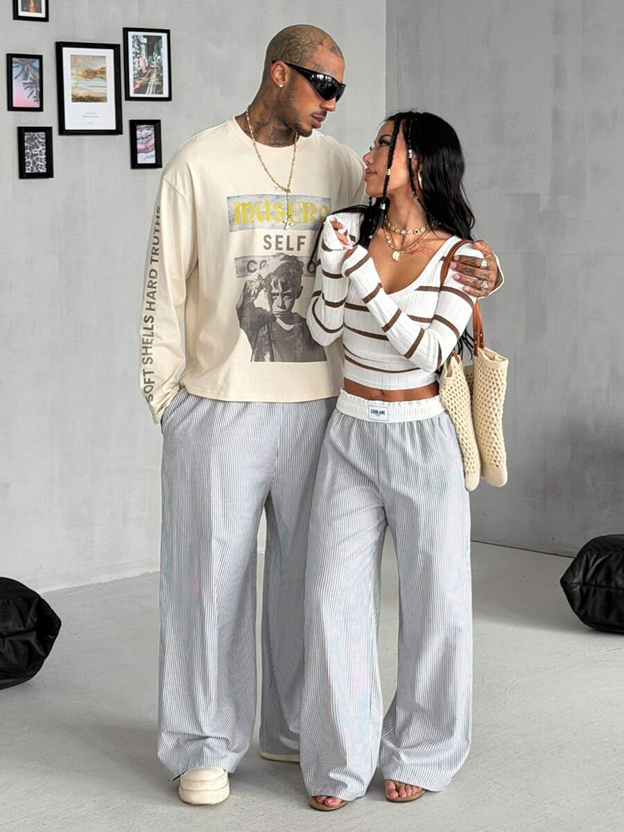 Women's striped straight leg casual trousers with elastic mid waist and side pockets
