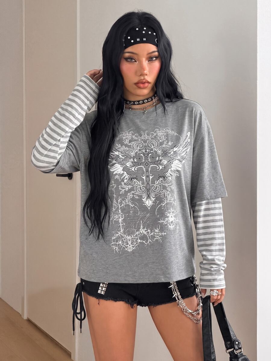 Women's casual graphic long sleeve t-shirt with a round neck, drop shoulder sleeves, and loose relaxed fit.