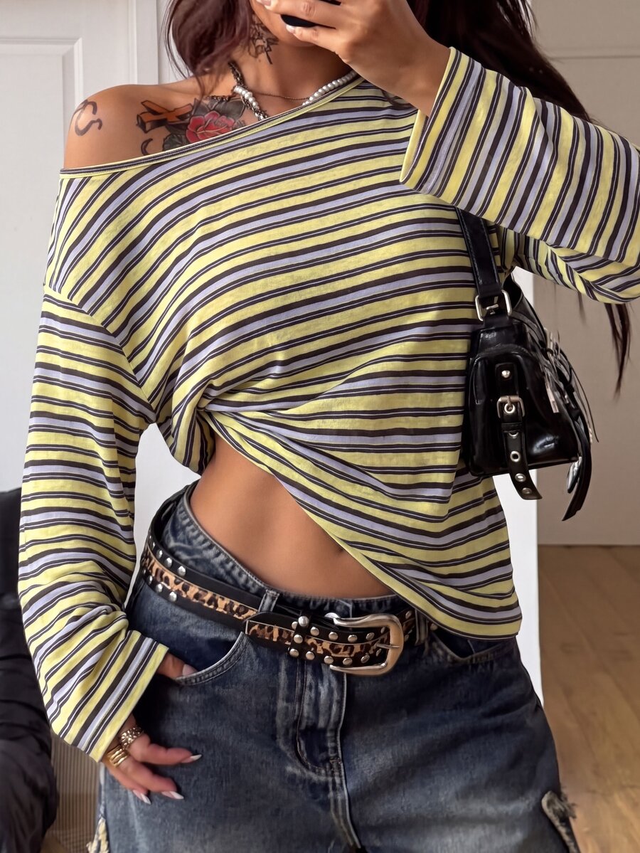Women's brown striped boat neck long sleeve raglan T-shirt with a loose casual fit