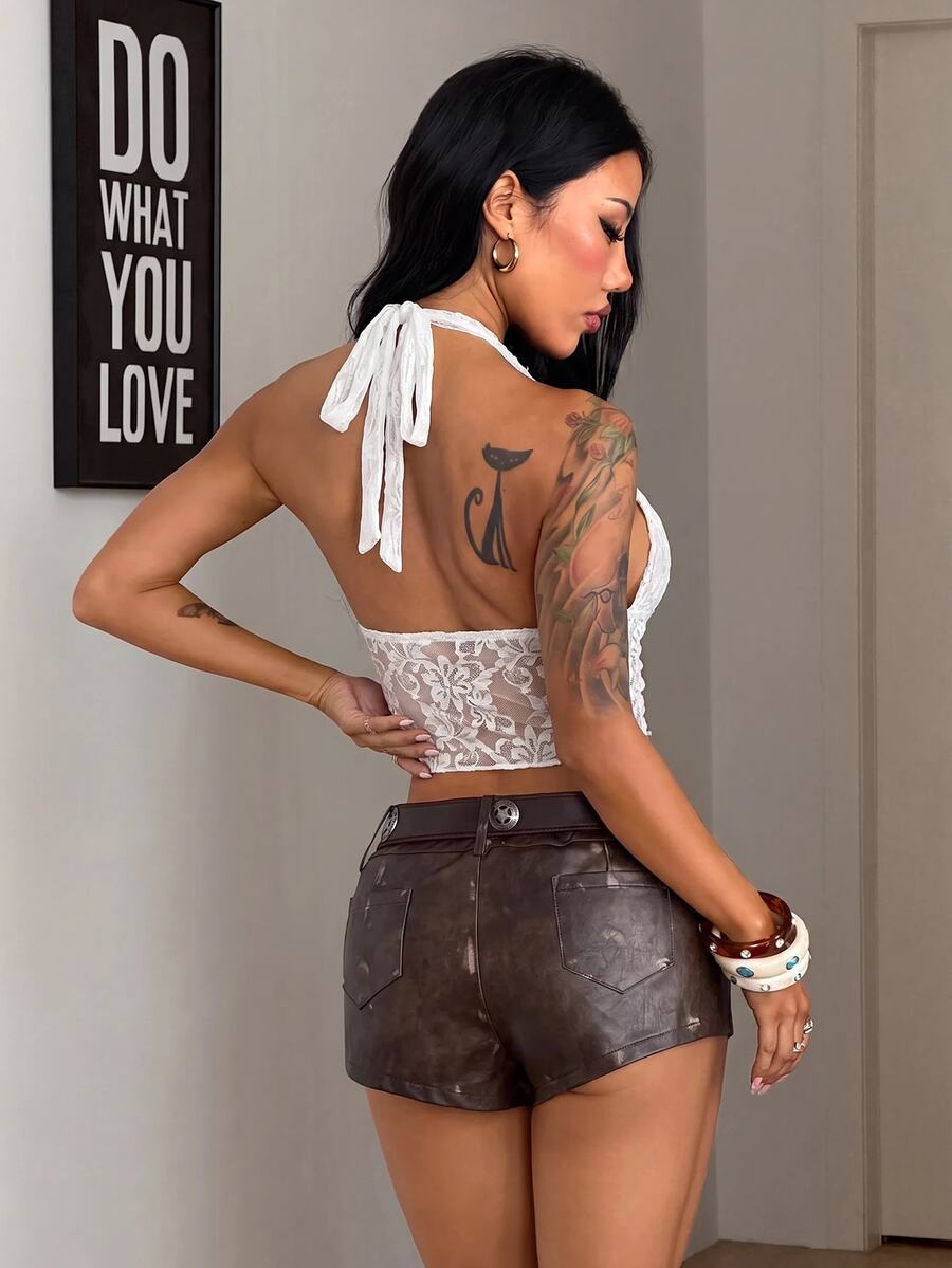 Women's slim-fit halter bandeau top featuring lace detail, cold shoulder design, and an asymmetrical hem.