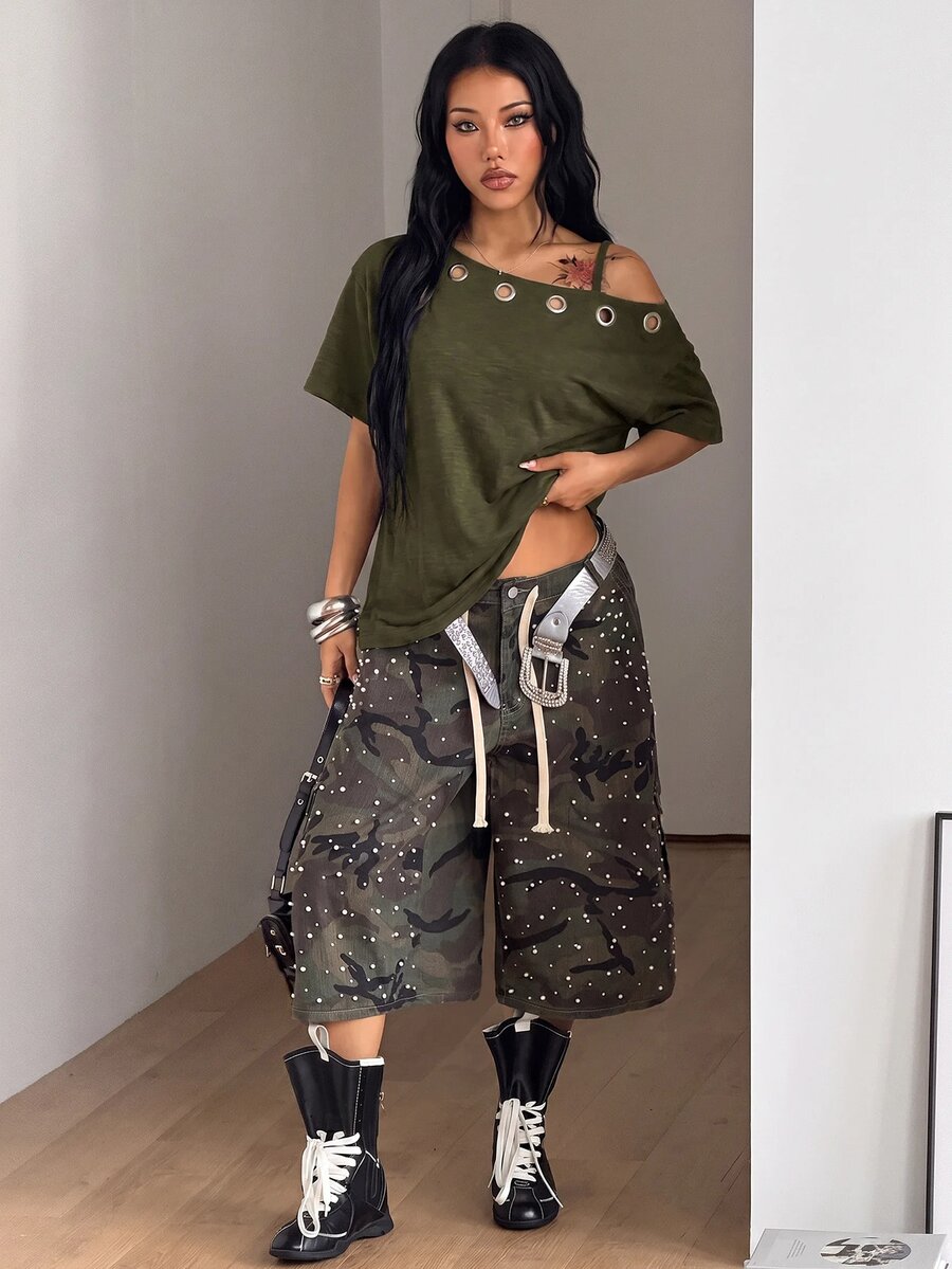 Women's casual loose fit cold shoulder cotton t-shirt with asymmetrical cutout neckline and short sleeves.
