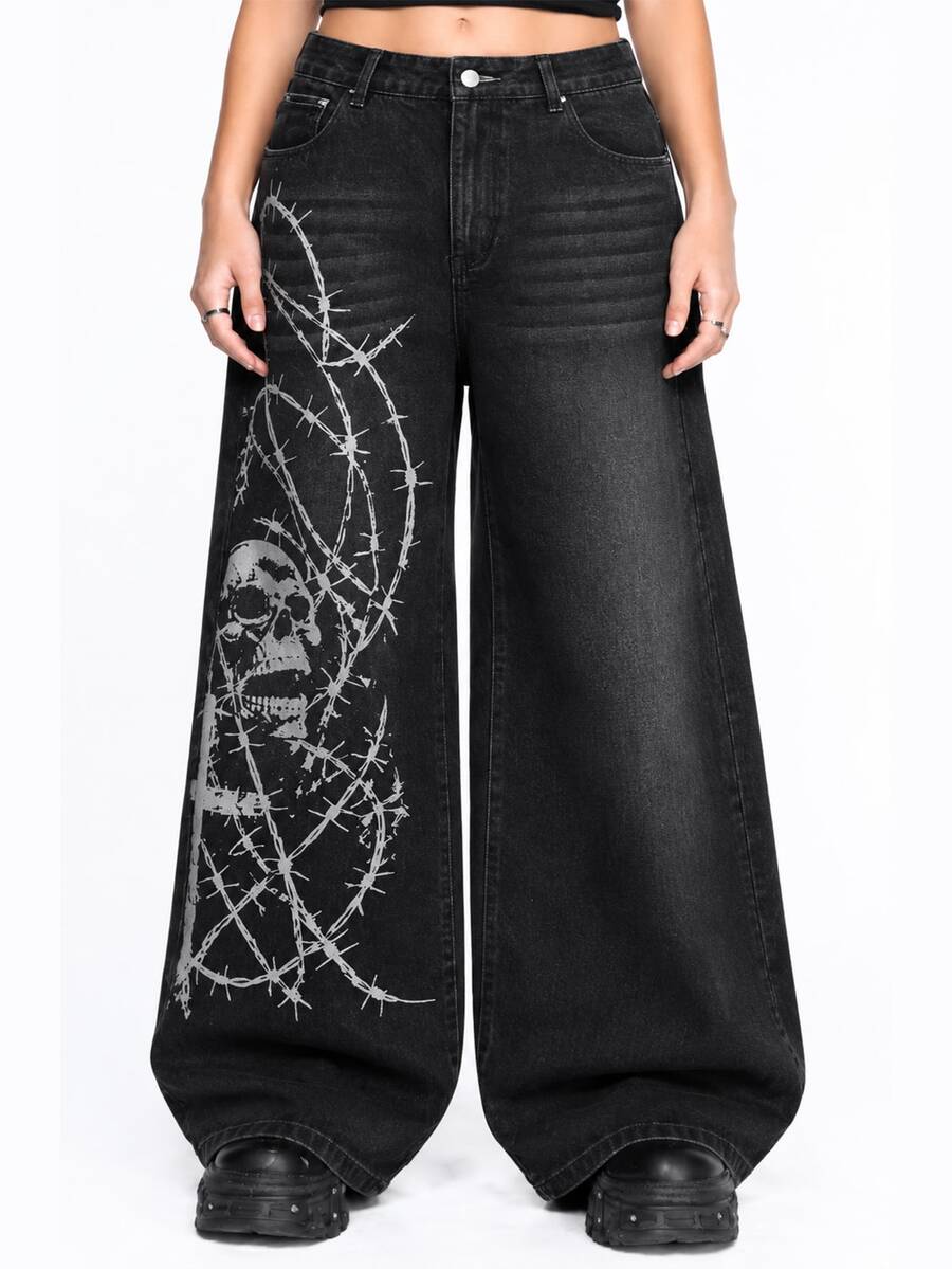 Women's gothic cross print baggy wide leg jeans made from denim with zipper fly and loose fit.