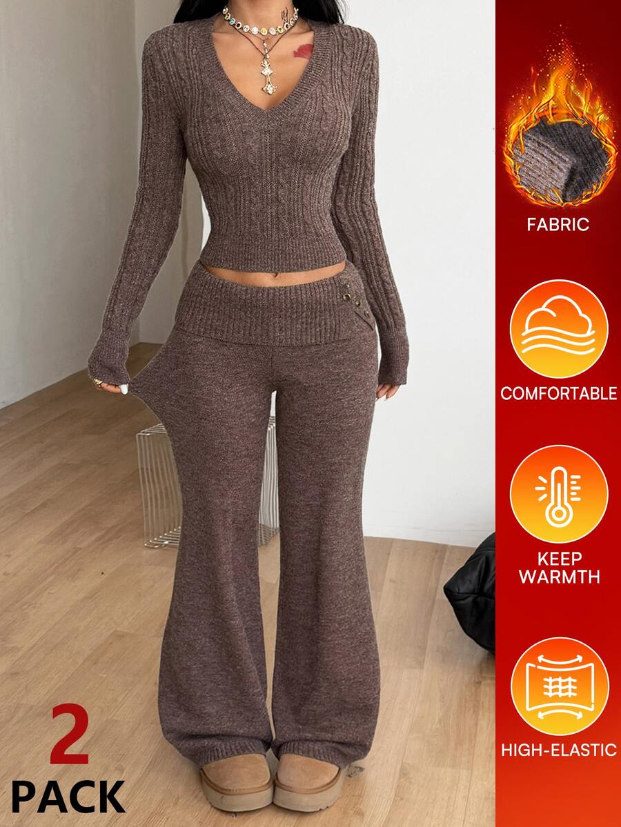 Women's brown ribbed knit two-piece sweater set featuring a long sleeve V-neck top and wide leg flare pants.