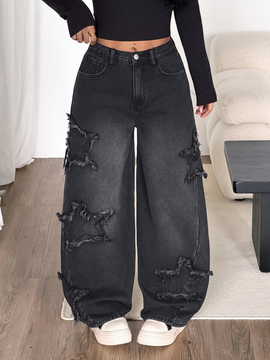 Front view of women's loose wide leg denim jeans featuring a mid waist, classic front pockets, and a zipper fly closure.