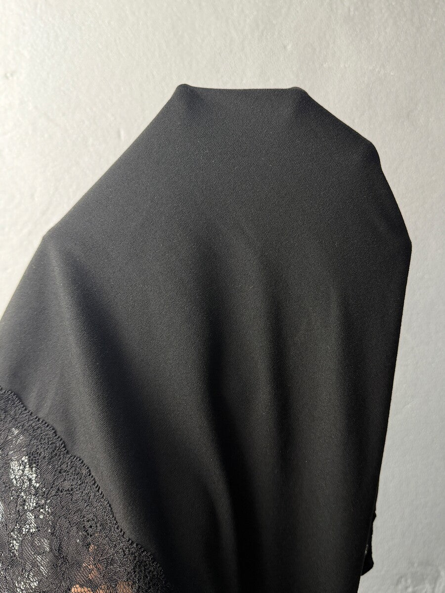 Women's striped off the shoulder long-sleeve top with contrast lace trim and ribbed knit texture.