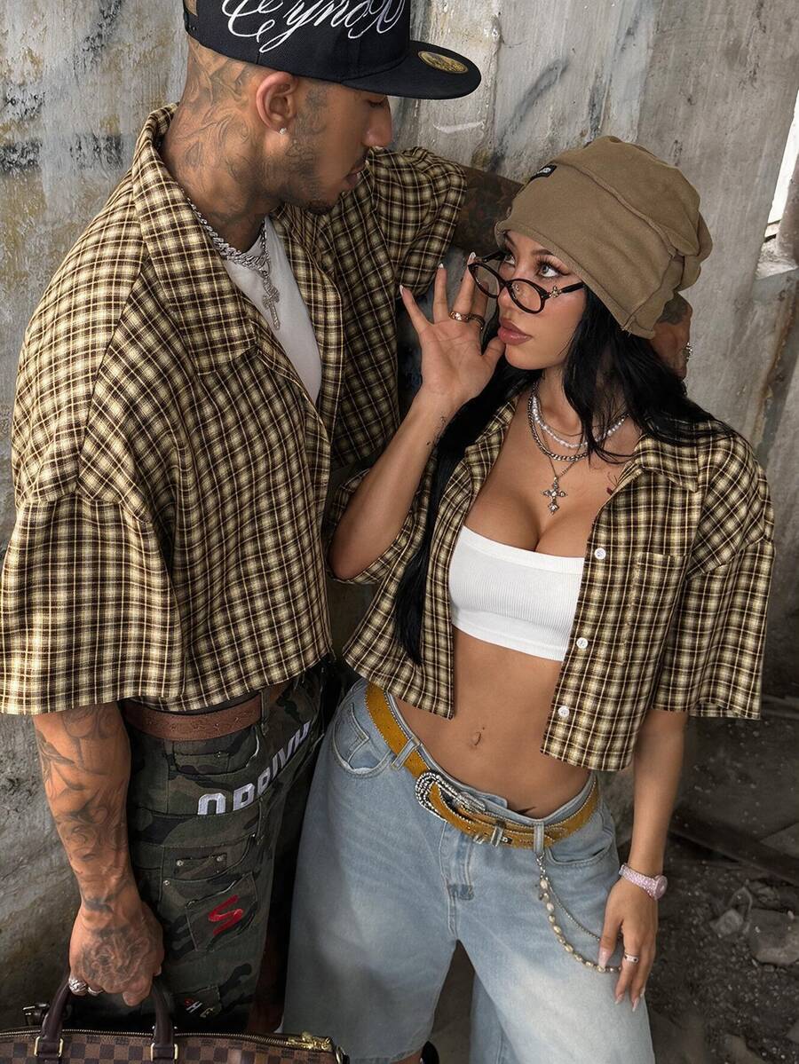 Women's plaid crop shirt with button front, chest pocket, short sleeves, and loose casual fit.