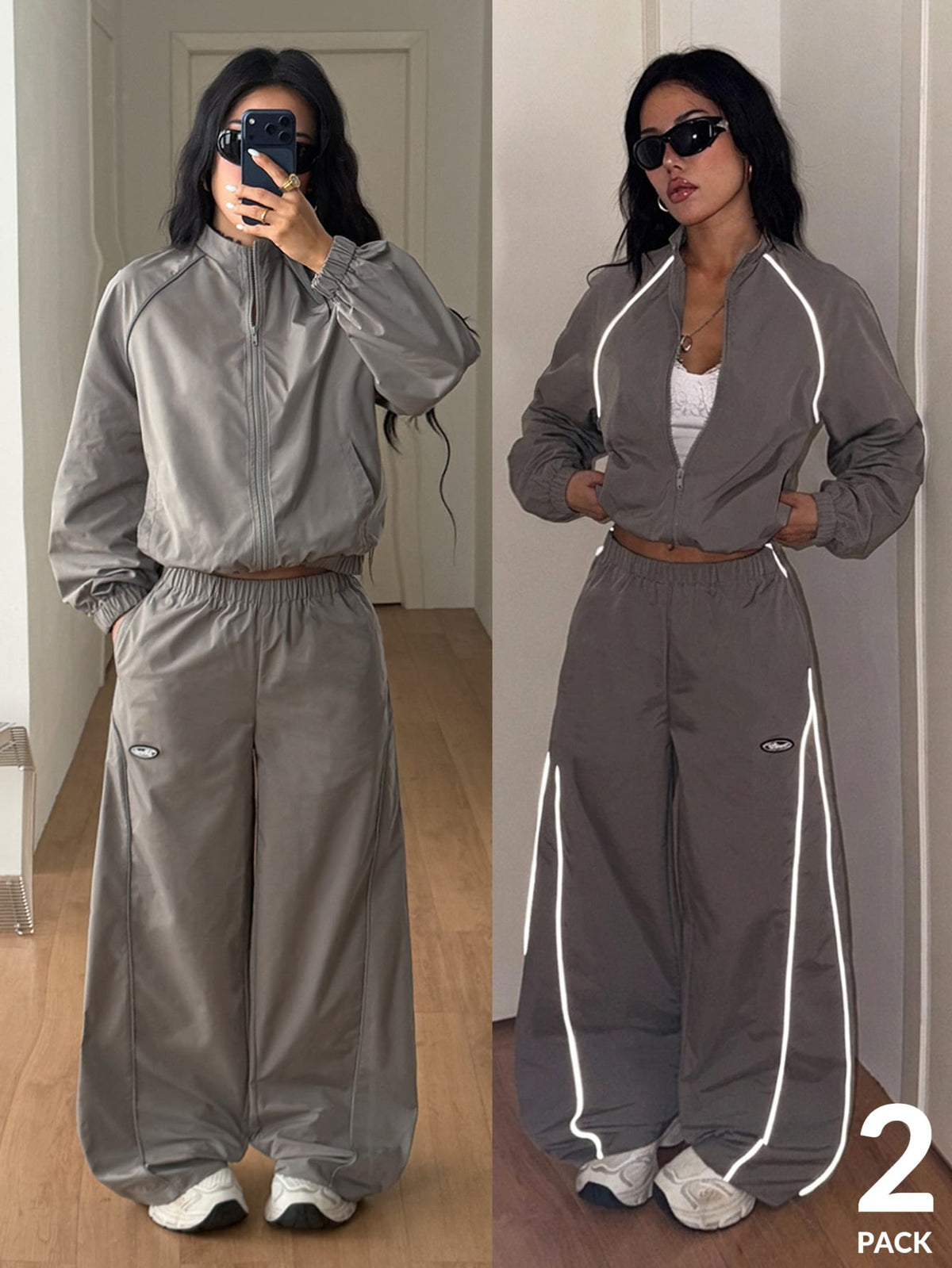Women's two-piece sporty casual tracksuit set featuring a stand collar zip-up jacket with contrast binding and matching loose parachute pants.