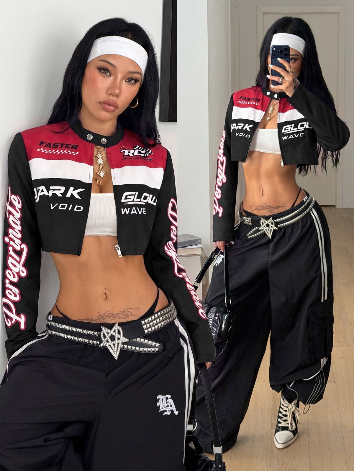 Front view of a women's black cropped PU leather jacket featuring a stand collar, long sleeves, and front zipper closure.