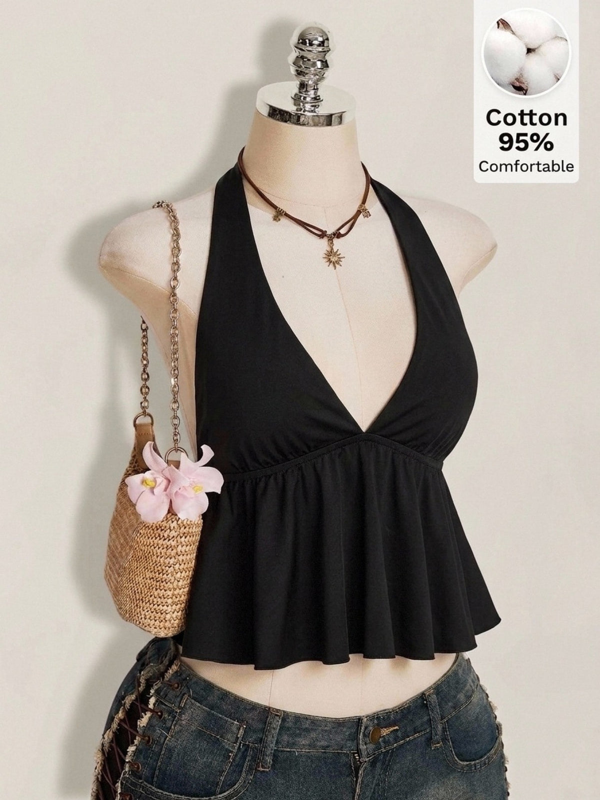 Women's Polka Dot Halter Camisole with Ruffle Hem