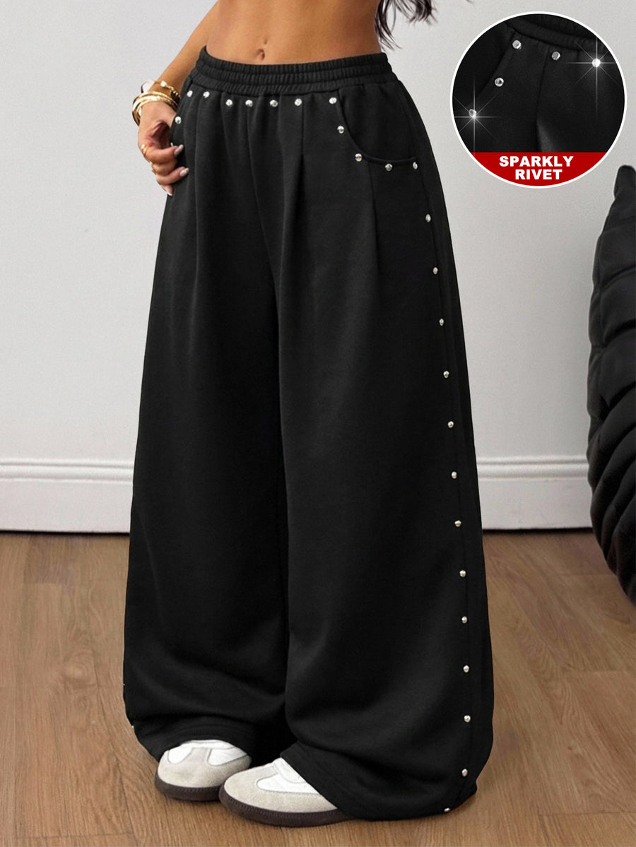 Women's loose straight leg casual pants with drawstring elastic waist and pockets