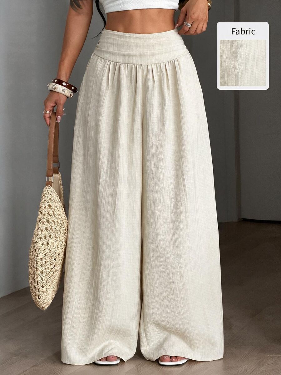 Women's textured wide leg pants with elastic waist and loose relaxed fit