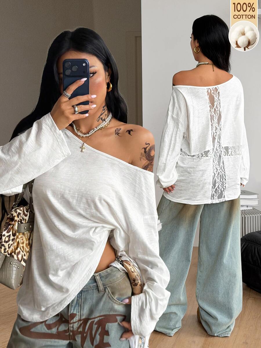 Women's brown striped boat neck long sleeve raglan T-shirt with a loose casual fit