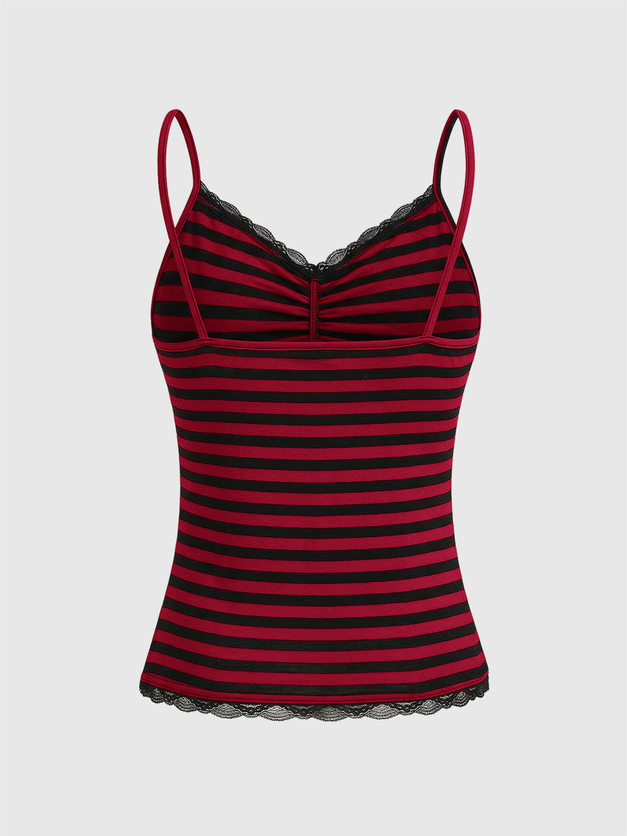 Women's striped rib-knit camisole top with contrast lace trim, ruched details, and spaghetti straps.