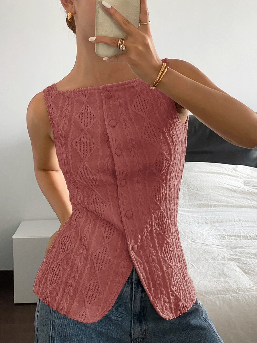Striped ribbed knit tank top for women featuring a button-down front, sleeveless design, and slim fit silhouette.