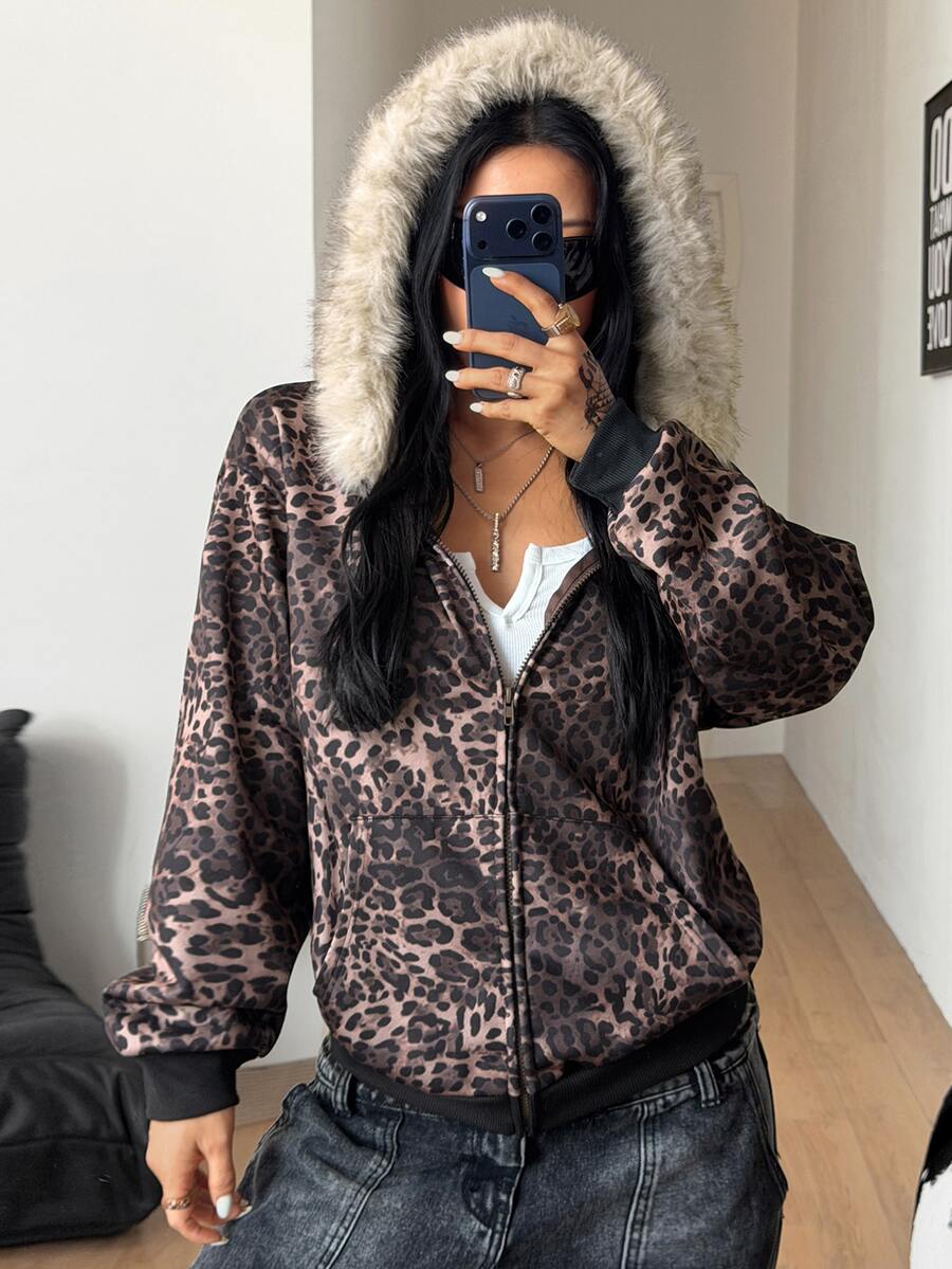 Women's brown leopard print zip-up hoodie with contrast faux fur trim and long bishop sleeves