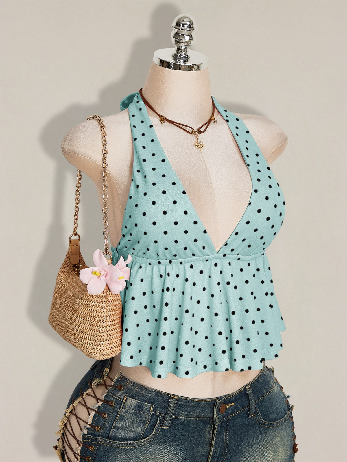 Women's Polka Dot Halter Camisole with Ruffle Hem