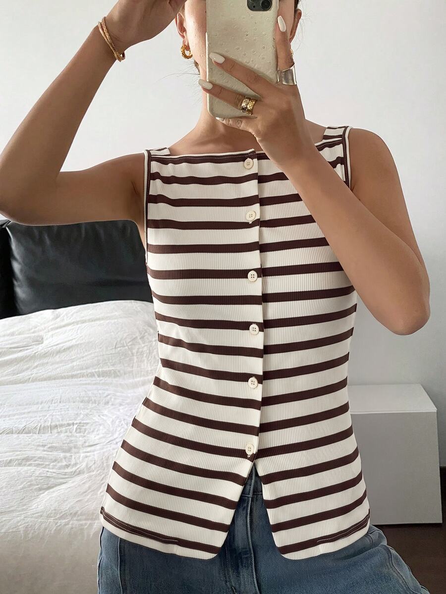 Striped ribbed knit tank top for women featuring a button-down front, sleeveless design, and slim fit silhouette.