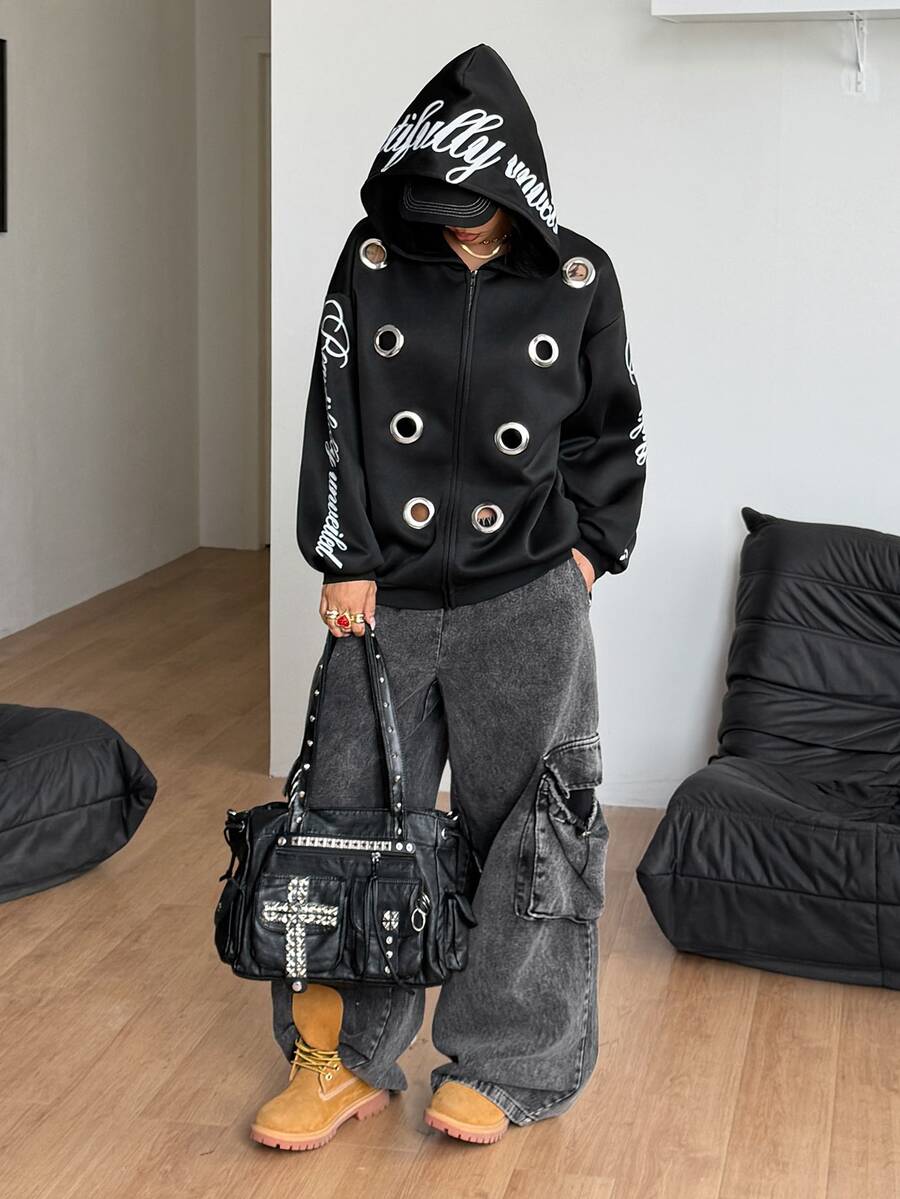 Women's brown leopard print zip-up hoodie with contrast faux fur trim and long bishop sleeves