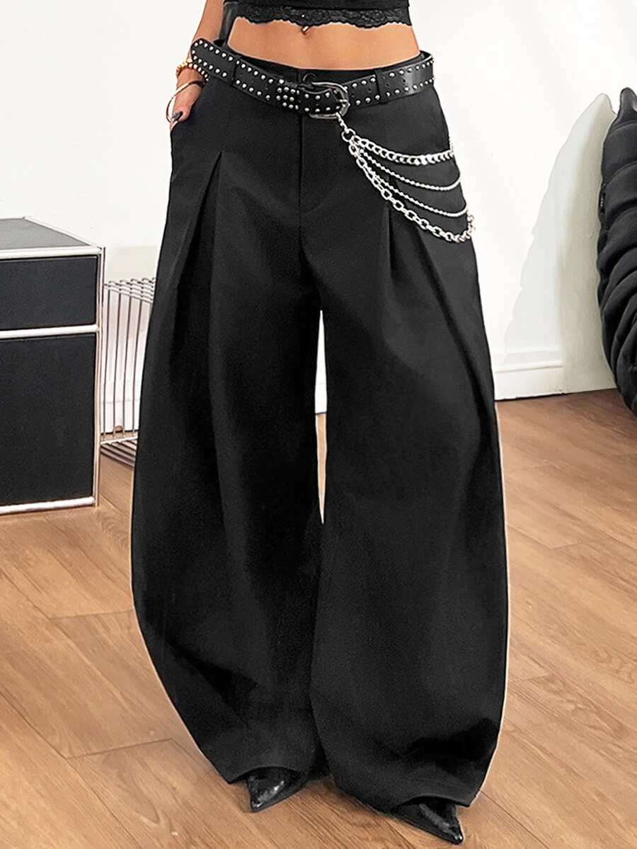 Casual black striped woven long pants for women featuring a low waist and loose fit design.