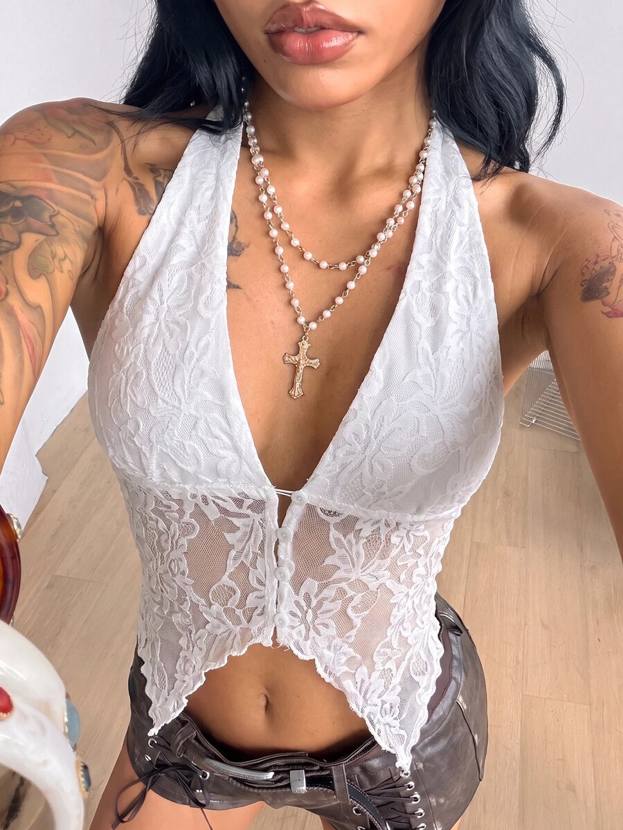 Women's slim-fit halter bandeau top featuring lace detail, cold shoulder design, and an asymmetrical hem.