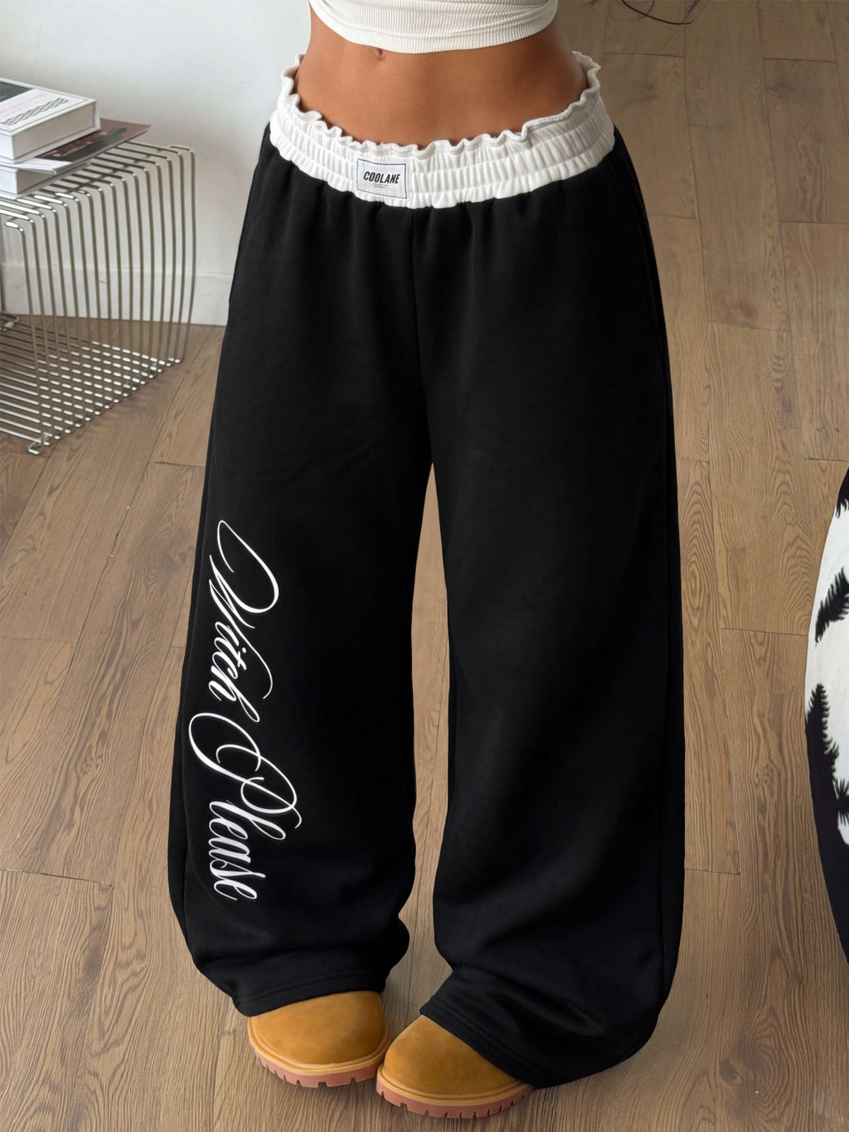 Women's striped straight leg casual trousers with elastic mid waist and side pockets