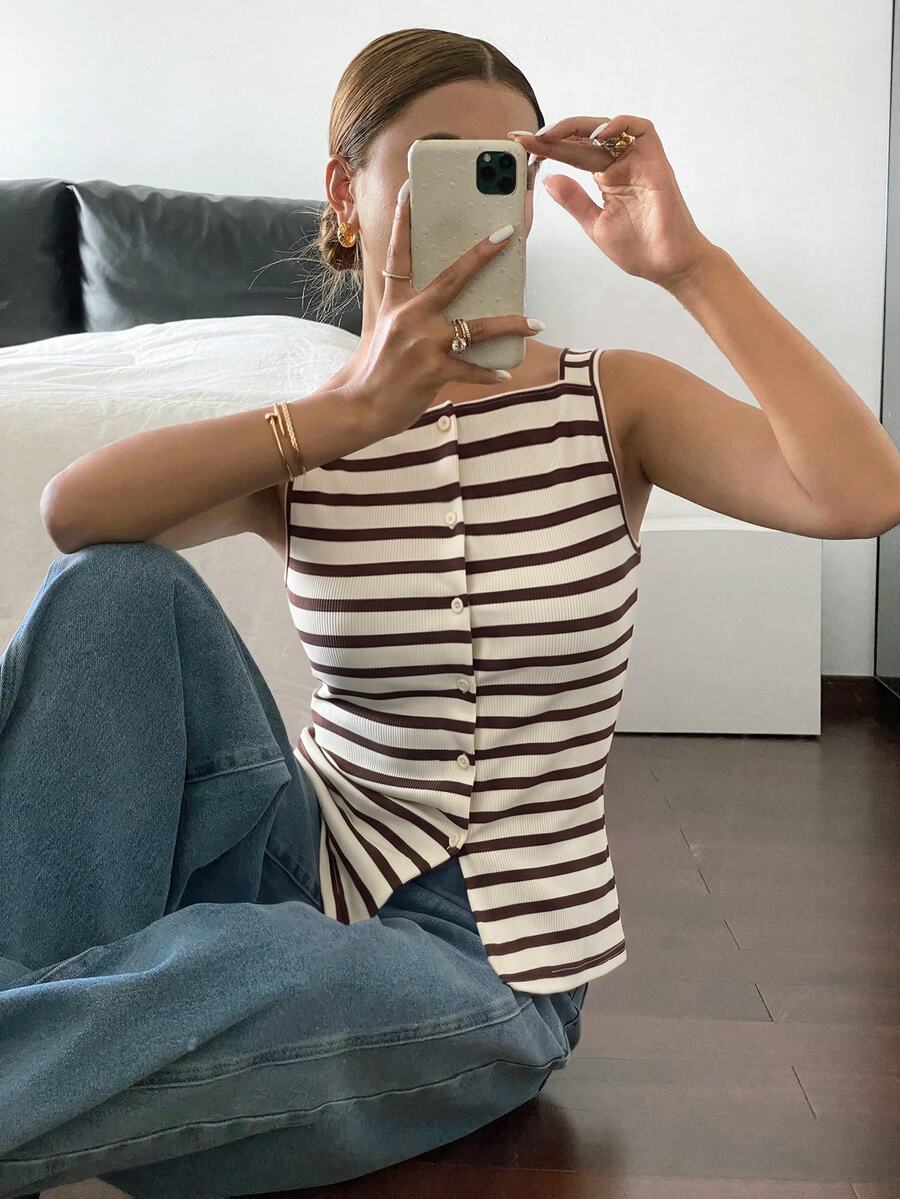 Striped ribbed knit tank top for women featuring a button-down front, sleeveless design, and slim fit silhouette.
