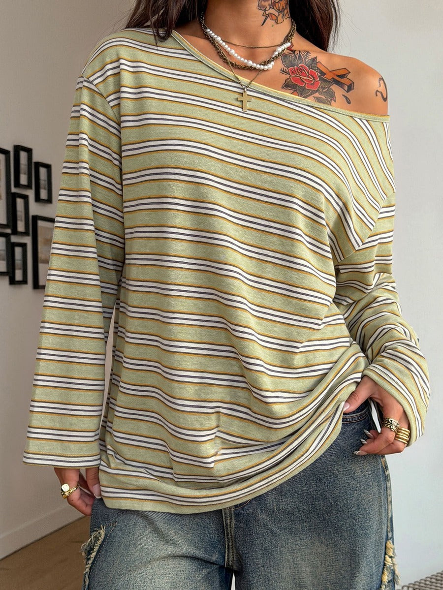 Women's brown striped boat neck long sleeve raglan T-shirt with a loose casual fit