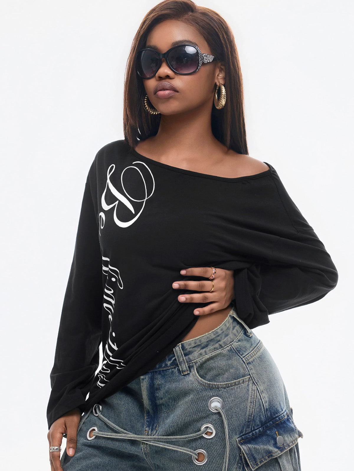 Women's brown striped boat neck long sleeve raglan T-shirt with a loose casual fit