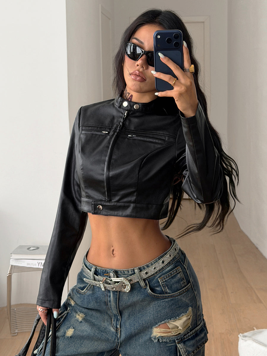 Front view of a women's black cropped PU leather jacket featuring a stand collar, long sleeves, and front zipper closure.