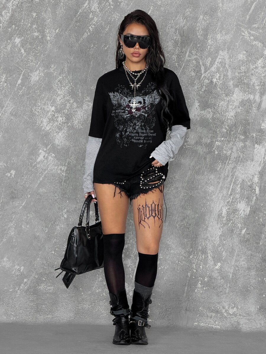 Women's casual graphic long sleeve t-shirt with a round neck, drop shoulder sleeves, and loose relaxed fit.