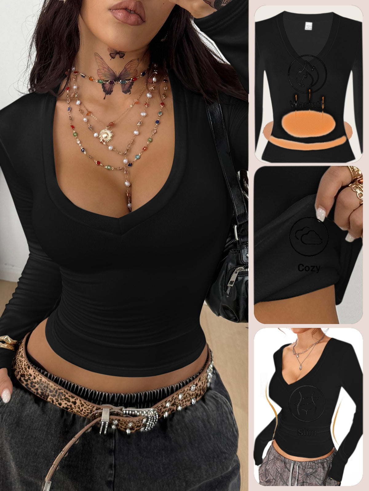 Women's slim fit long sleeve V-neck t-shirt with ruched bustier details in knitted stretch fabric