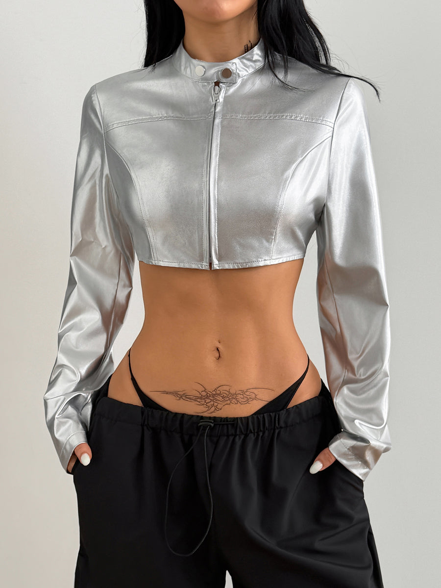 Women's metallic silver cropped lightweight zip-up jacket with long sleeves and a stand collar.