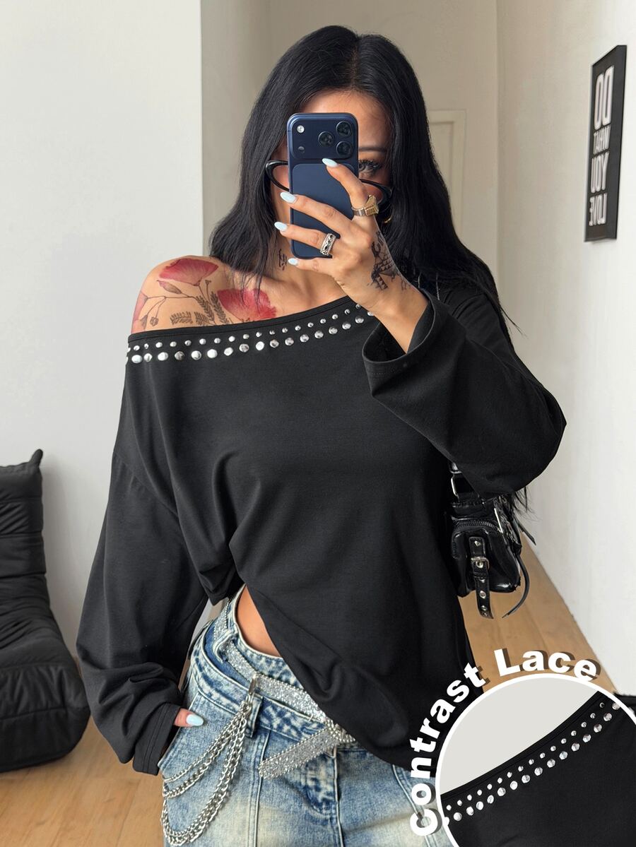 Women's brown striped boat neck long sleeve raglan T-shirt with a loose casual fit