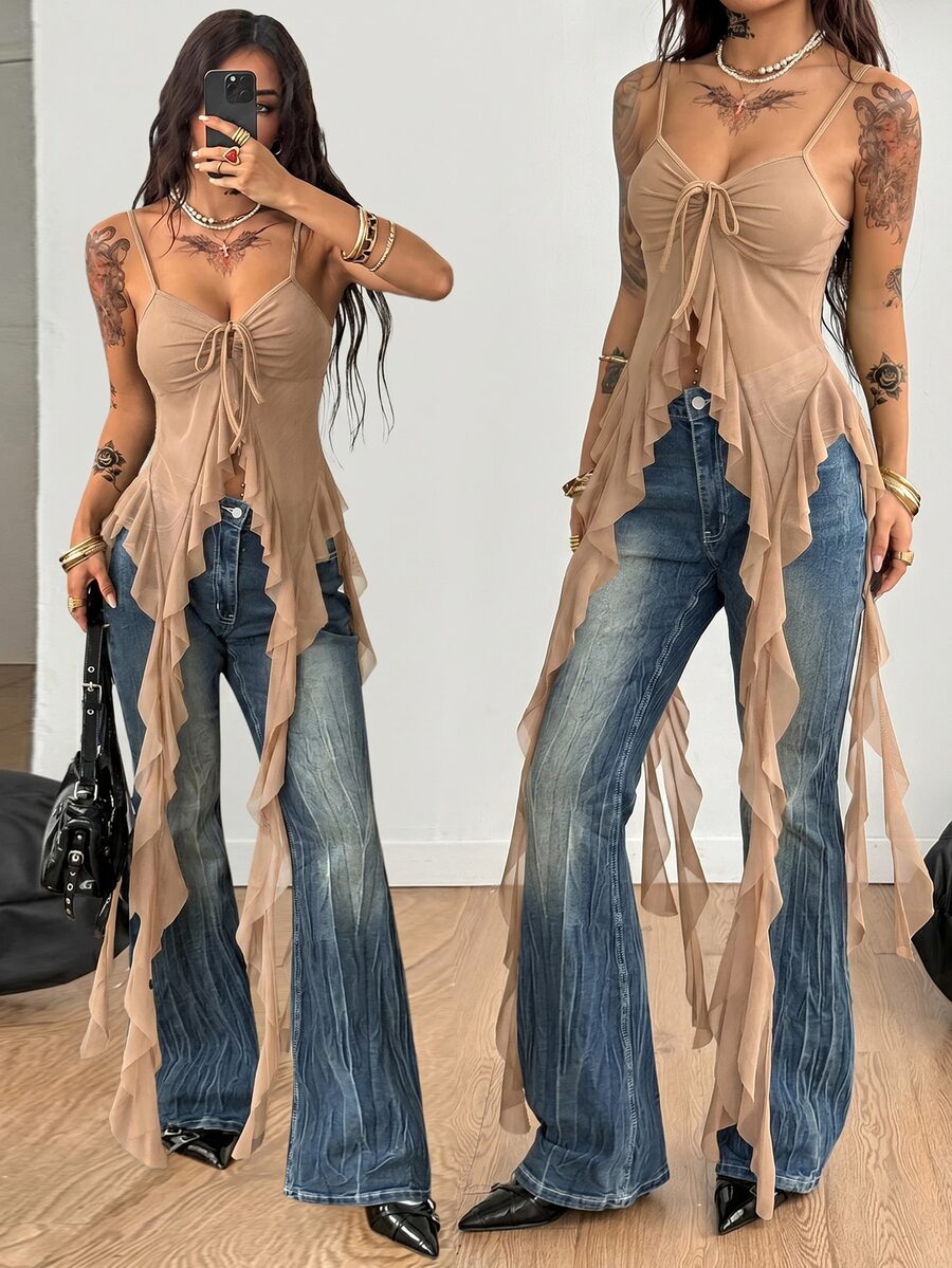 Burgundy sleeveless asymmetrical mesh long top for women featuring spaghetti straps and lace-up details with a slim fit.
