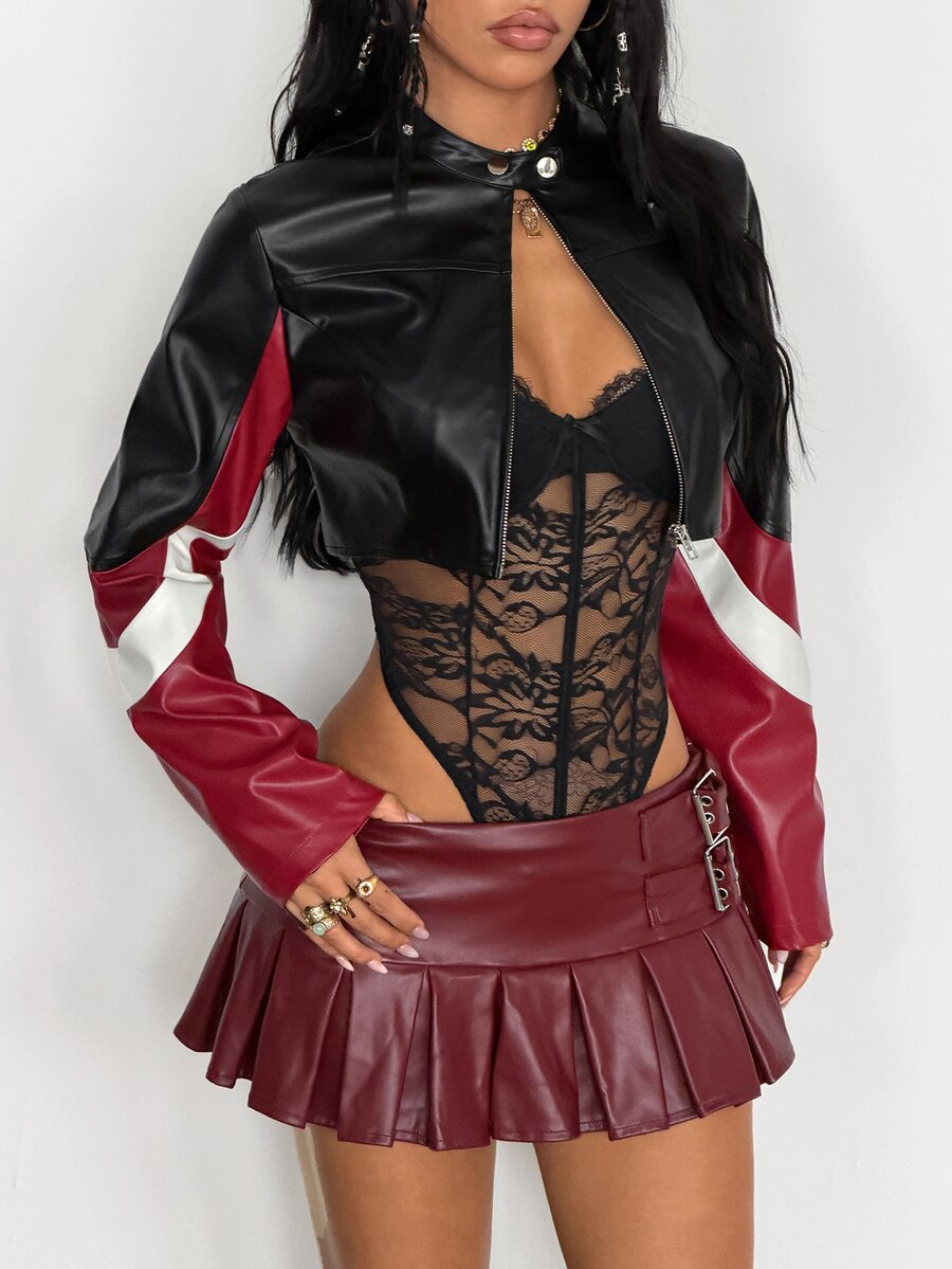 Front view of a women's black cropped PU leather jacket featuring a stand collar, long sleeves, and front zipper closure.