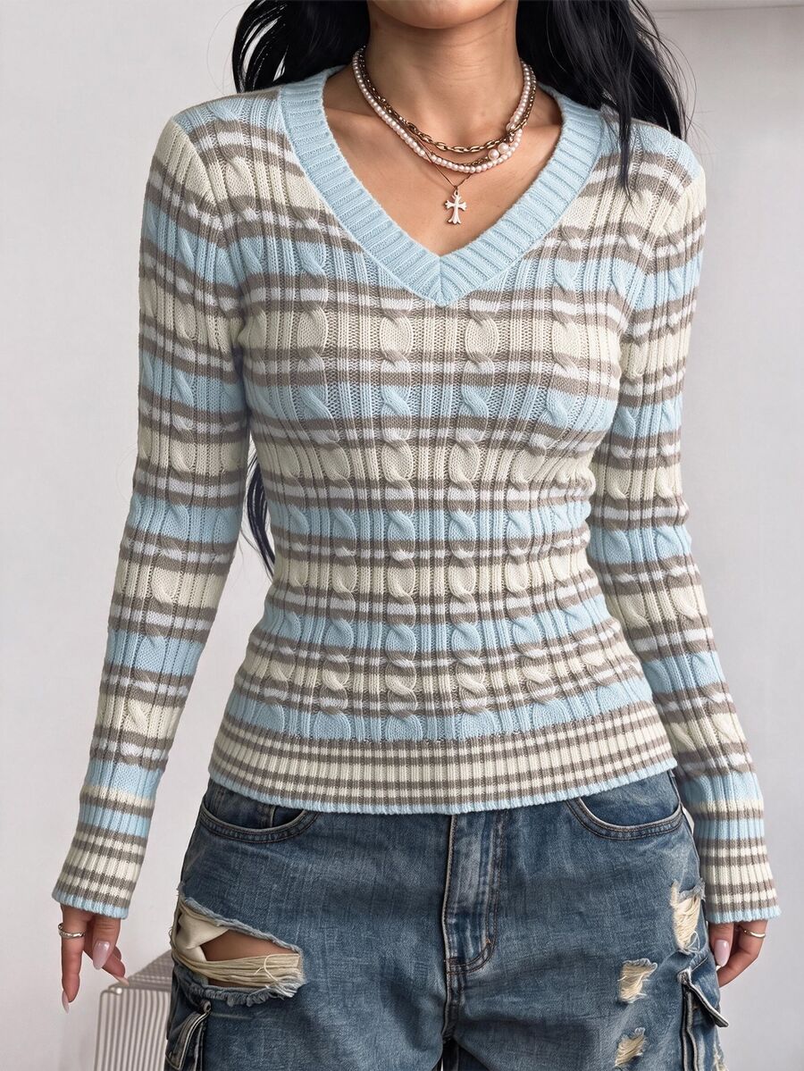 Women's slim fit cable-knit sweater with a V-neckline and long sleeves in solid green rib knit fabric.