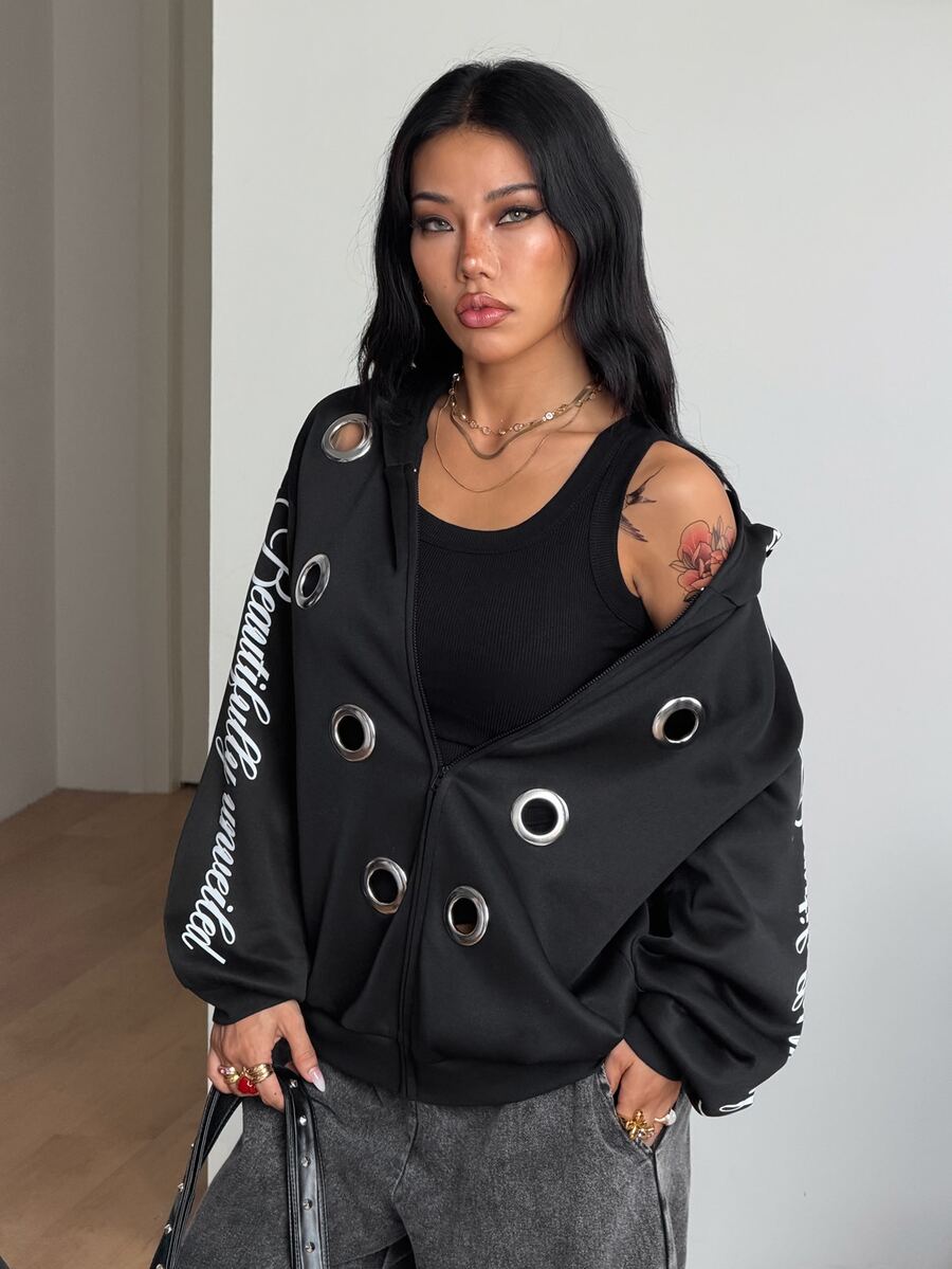 Women's brown leopard print zip-up hoodie with contrast faux fur trim and long bishop sleeves