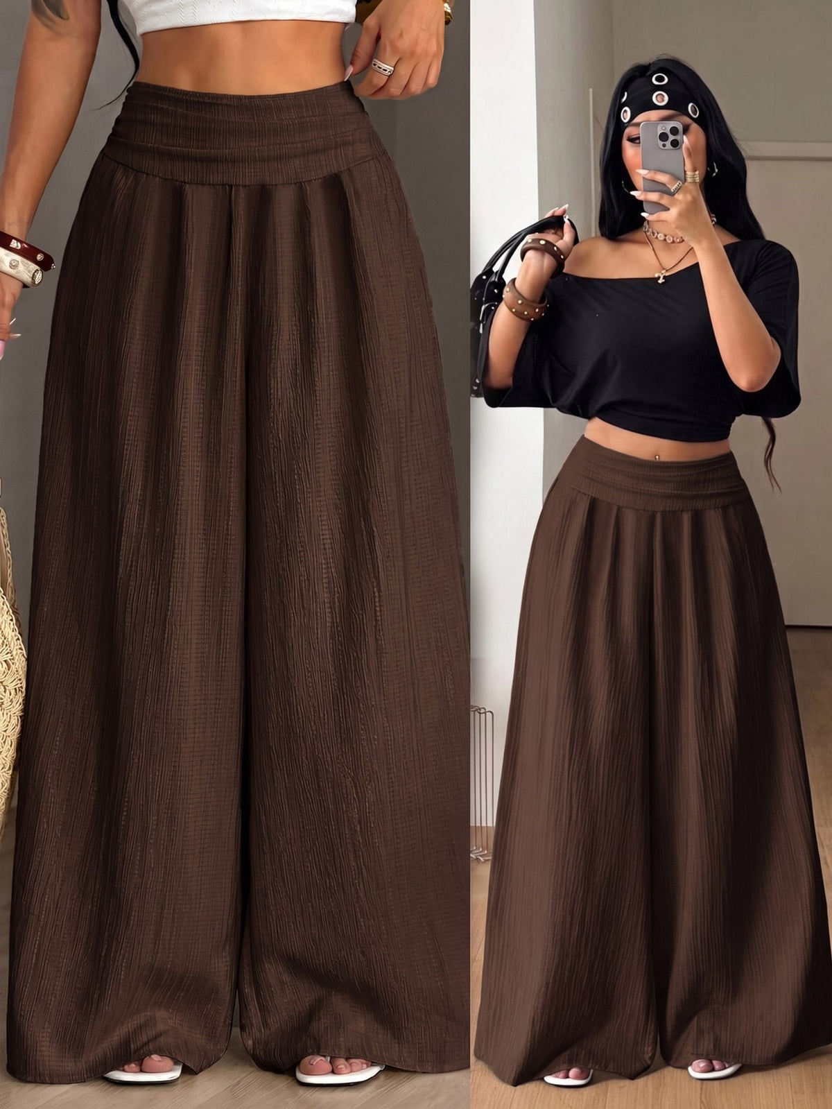 Women's plus size high-waist pleated wide leg pants in textured woven fabric with pockets