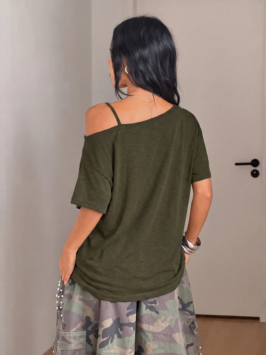 Women's casual loose fit cold shoulder cotton t-shirt with asymmetrical cutout neckline and short sleeves.