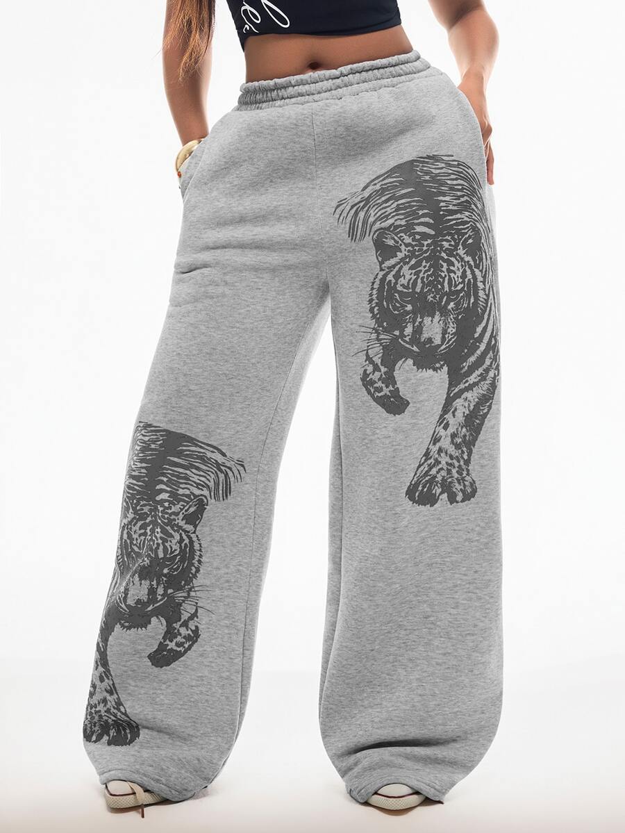 Women's striped straight leg casual trousers with elastic mid waist and side pockets