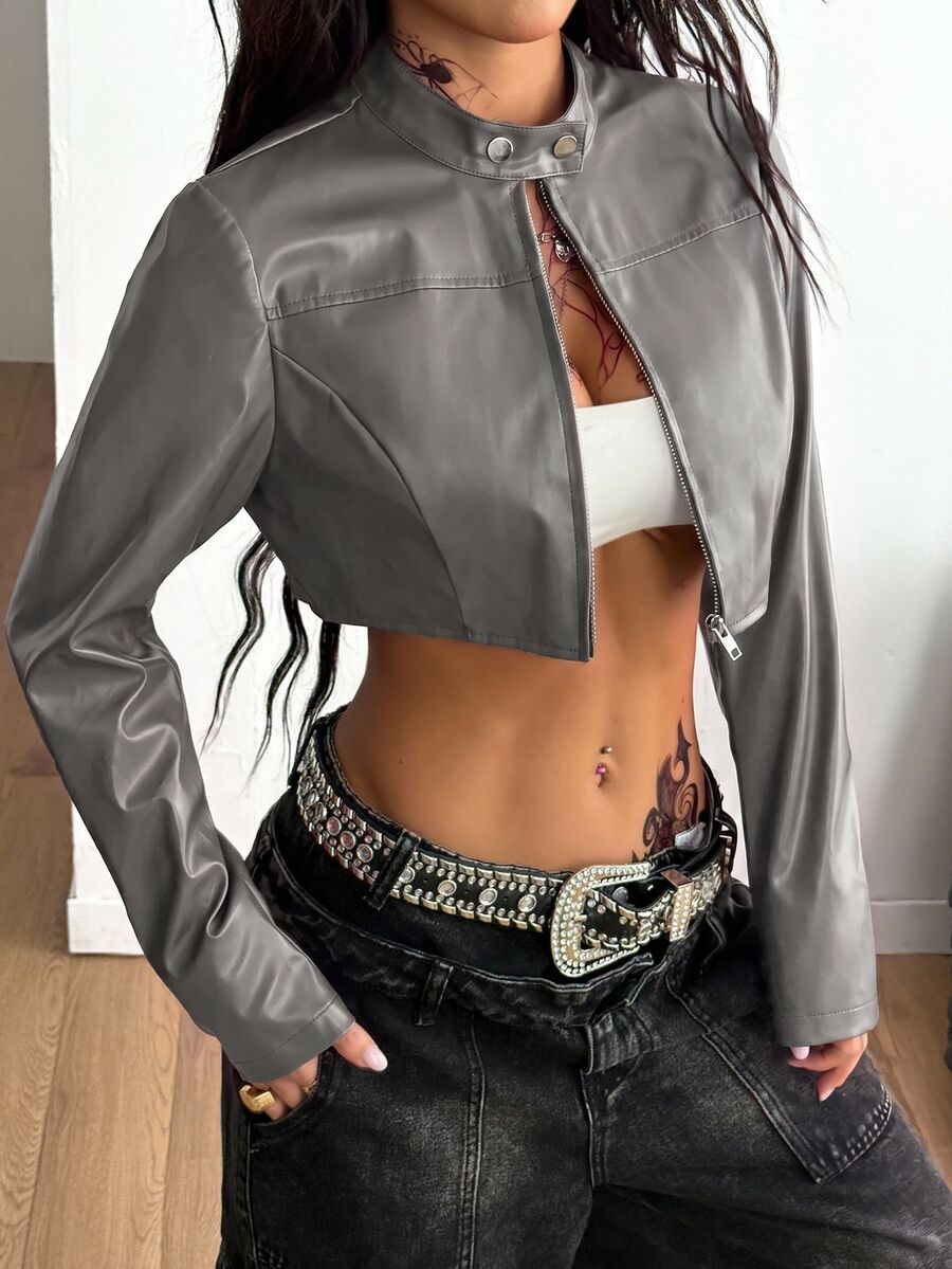 Women's metallic grey cropped faux leather jacket featuring a stand collar and asymmetrical zip front closure.