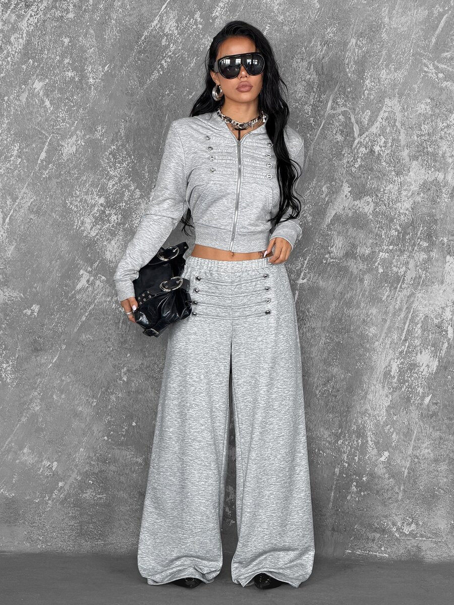 Women's loose fit wide leg graphic sweatpants in light grey with an elastic drawstring waistband