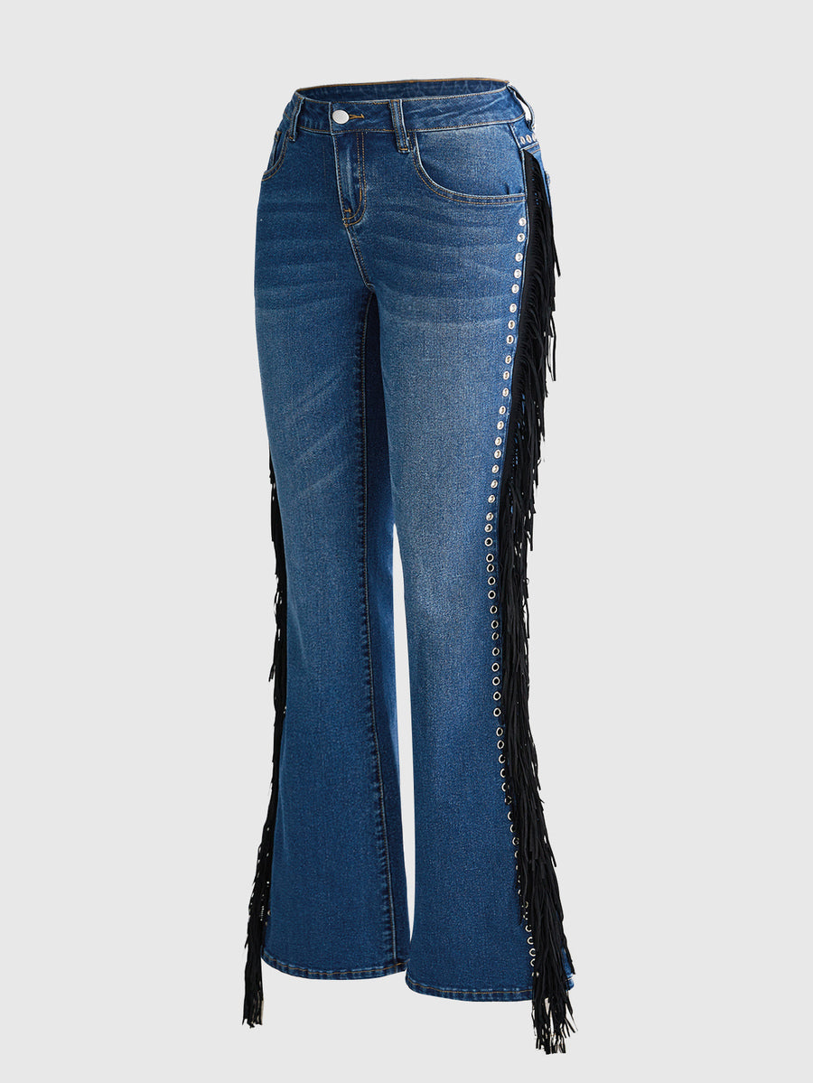 Women's ultra low waist flare jeans in washed stretch denim featuring an extra long bootcut leg and zipper fly closure.