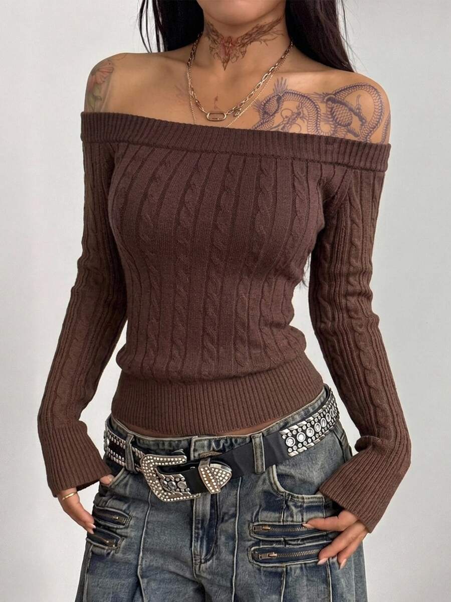 Front view of a women's brown off-the-shoulder sweater with cable-knit detailing and three-quarter sleeves